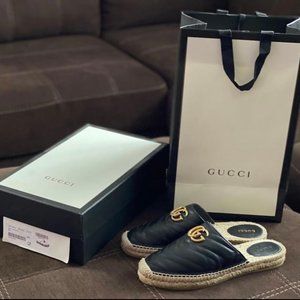 Gucci Black Leather Nappa Charlotte Espadrille GG